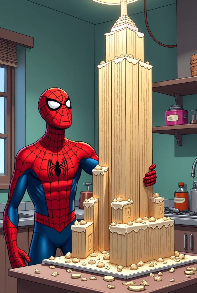"Spider-Man baking a skyscraper-shaped cake, using his webbing as frosting":Spider-Man, dressed in his iconic suit, stands in a kitchen surrounded by baking supplies. A half-built skyscraper-shaped cake towers in front of him, with strands of webbing used as frosting. Some parts of the cake have collapsed, and Spider-Man looks amused as he tries to salvage the structure.