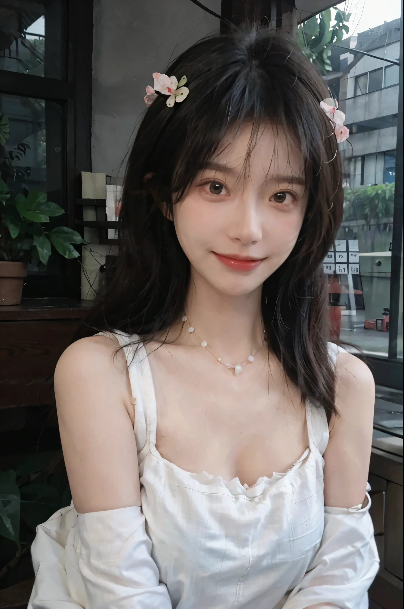 best qualtiy, Ultra-high resolution, (realisticlying:1.4),cute hairpin,Baoyu Girl,European style apartment,(flatchest:1.2) ,A pair of clear and moving peach blossom eyes,Royal Sister,sunshine on face,Big waves,(ln the forest:1.4),(choker necklace:1.2),(Fair skin:1.4),a sense of atmosphere,a beauty girl, ssmile,head straight-looking at viewer, closeup cleavage ,(Photorealistic:1.4),1girll,sexly,(Upper body:1.4),(Wet body),(:1.2)