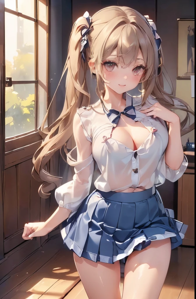 ((((Highest quality, High resolution)))), Extremely detailed 8K, Beautiful girl with slim body, (Ultra HD, Very detailed, Very detailed, Very realistic, Ultra-realistic, Photo Real), (One girl:1.5), Long Hair、Twin tails、Brown eyes, (Medium Breast: 1.2), (Beautifully detailed face, Beautiful attention to detail), (Sheer blouse:1.4),(Cleavage)、(Light of the sun, sunlight),(slender:1.5),(Light clothing:1.6),(Open chest)、(Idol face:1.7),(Beautiful eyes)、(Beautiful face)、(Toned body:1.5),(masterpiece:1.8),Blushing、Beautiful Skin、Moist eyes、Embarrassed expression、smile、(Slim and beautiful legs:1.4),(mini skirt:1.4),(Panty shot:1.4),(squat:1.2)、(Charm:1.3),(Seductive posture:1.4),(from the front)、Shine、(Low - Angle)、(Brown Hair)、