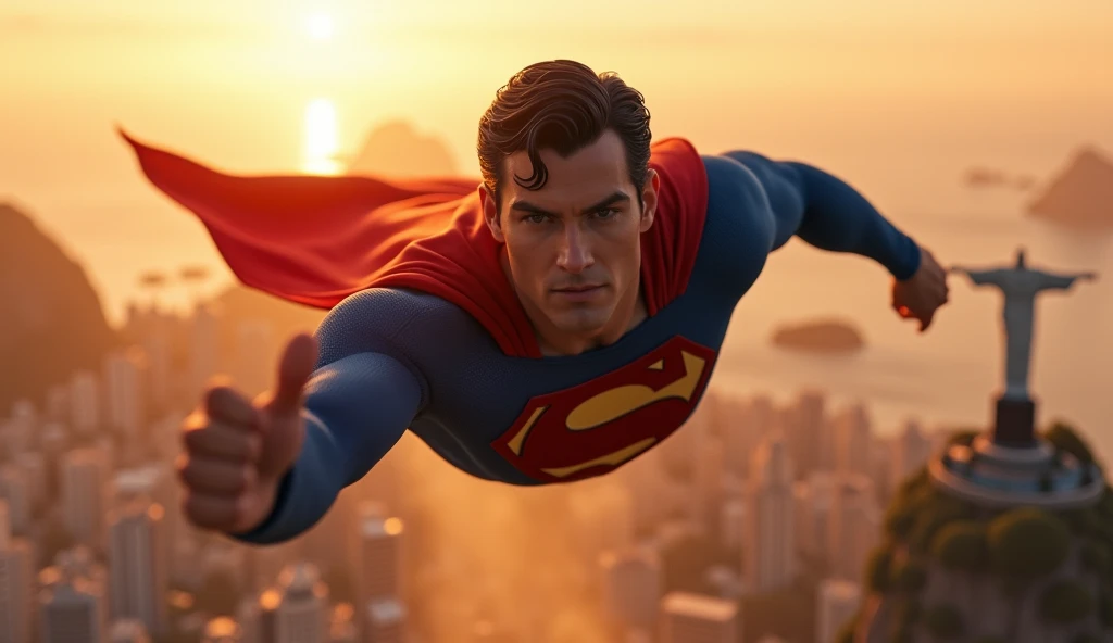superman flying in the sky over the city of Rio de Janeiro, ultra detaild, ultra realistic, flying very fast, traces of fire, close-up, front view, ((you can see Christ the Redeemer in the background)), (offering a help hand pose), dark blonde hair, small clouds below, sunset