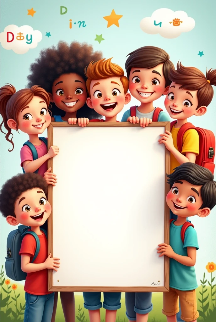 Create a cute and creative English vocabulary book cover for kids featuring several boys and girls holding a blank sign 