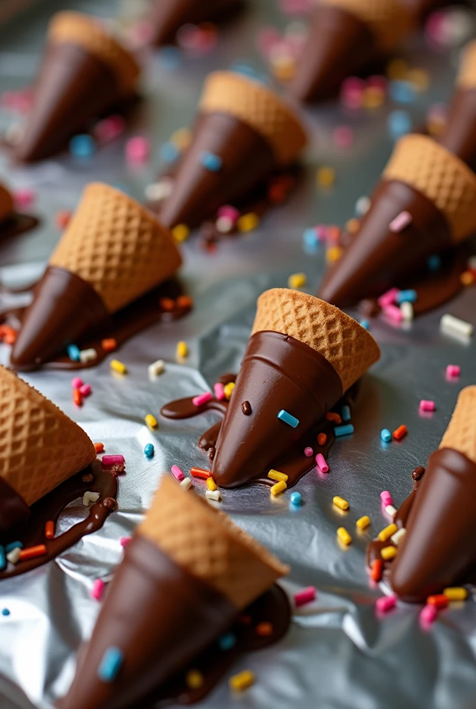 there are many chocolate cones on a foil baking sheet, ice cream cones, cone shaped, covered with melted chocolate, arte de chocolate, rio de chocolate, Exquisite details, mouth-watering with sprinkles on top