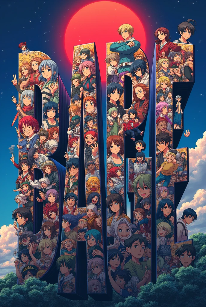 I want you to create an image with the name of the movie_Anime that has anime characters inside the letters