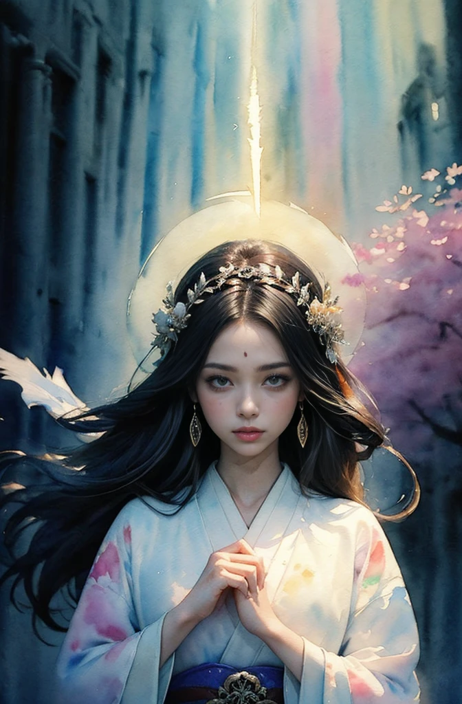 (Tabletop, Highest qualityの, Highest quality, Official Art, (beautifully、aesthetic:1.4), (Watercolor:1.4) ), (Izanami 1.5), 日本のgod話の女god, Majestic beauty, 創造の女god、生命の女god、Typically、((((Typically))))、Reincarnation Support, god&#39;Grace, Gentle and meditative expressions, Flowing, celestial garments, Shine、god秘的な着物姿、Full moon in the upper left of the background、Night view、moon on top left、