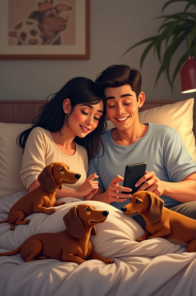 A couple lying on a bed, where the woman is a little chubby and is looking at her phone happily, Her husband is playing on a Nintendo switch and there are 3 dachshunds in bed accompanying them