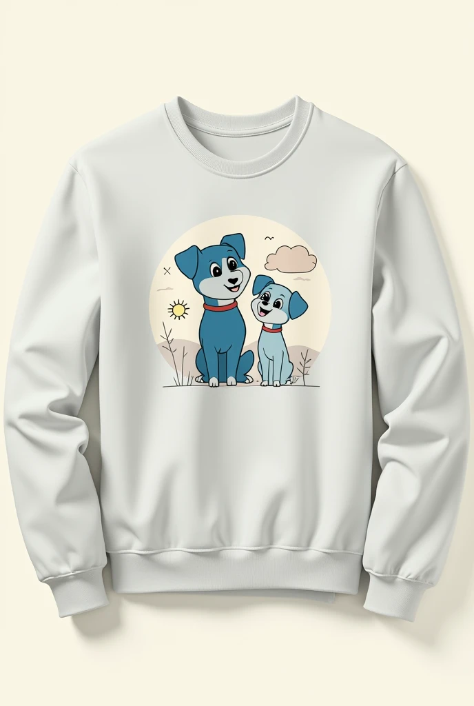 Create an image of a crewneck sweatshirt without a hood and without pockets. The sweatshirt should feature a minimalistic design inspired by the series "Bluey." The design should include simple, clean lines and subtle use of colors, focusing on the main characters in a small, central graphic or emblem. The background should remain plain, with only a few understated elements like a single tree or cloud to evoke the show's outdoor settings without overwhelming the simplicity of the design