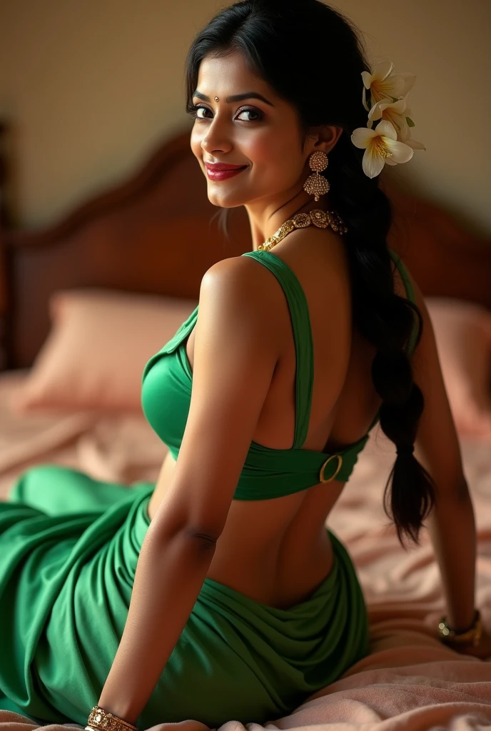 Close up photo of sexy vedhika , back view, curvy, hourglass figure,  swooping breasts,  deep cleavage,  green blouse, saree,navel, belly button, sitting in a bed and doing push ups, look at viewer and subtle smile, French braid hair, necklace,  ear rings,  nose ring,  jhumka, wearing jasmine flowers in hair,on sindoor in hair