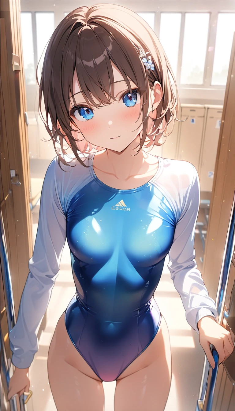 In the high school locker room，Several high school girls are changing into swimsuits