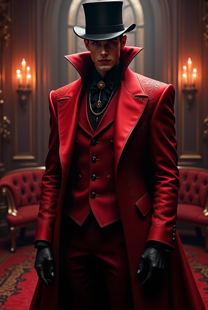 Create the image of a vampire with a suit and a top hat all in red, like rpg theme