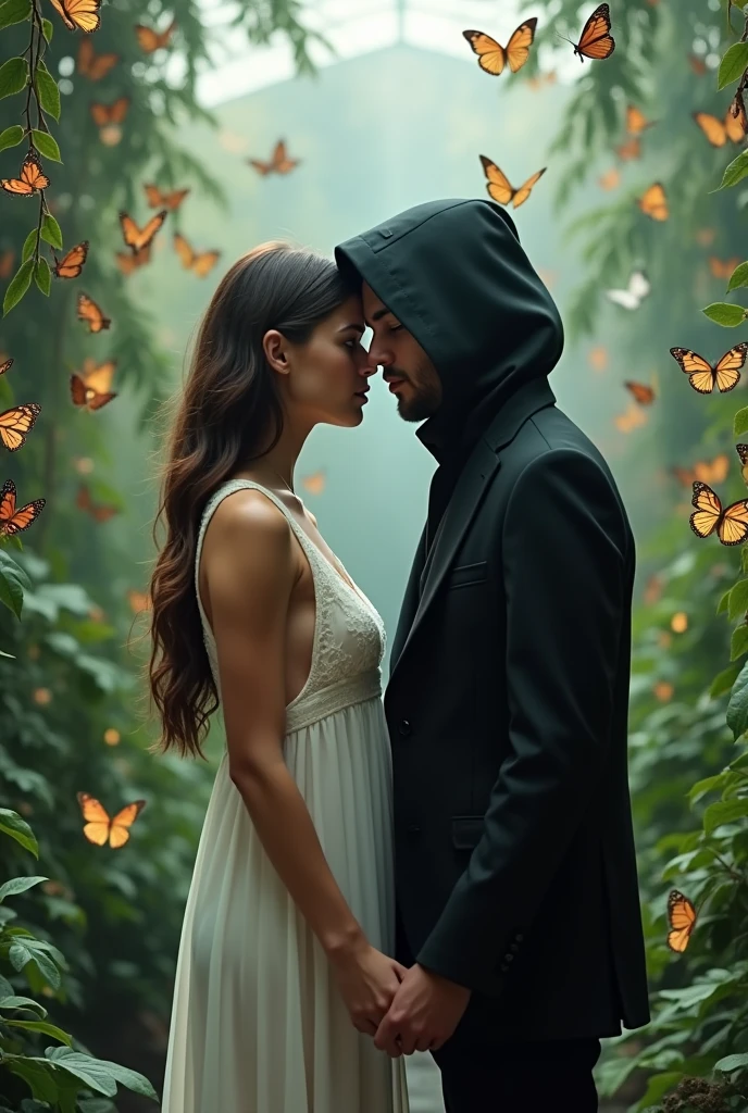 Create an image where a boy and a girl are inside a butterfly house. She has a white nightgown and long hair.. The boy has a black hooded suit. She has her back to him while he speaks in her ear. more realistic and both are separated. They are both adults. MORE ADULTS AND HE IS BEHIND HER. BOTH SEPARATED AND MORE BUTTERFLIES 