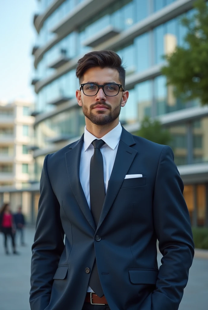 A office young man 2 with glasses in front of a building