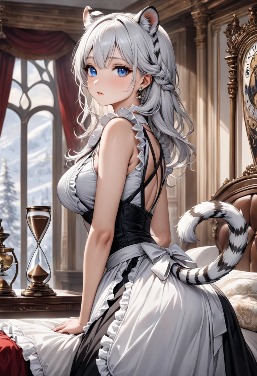 highest quality, ultra high resolution, super detailed, gorgeous, masterpiece, best quality, high resolution finely detailed, extremely beautiful, distinct image, hourglass figure, 1 girl, 2, (front-view), (side-view), soft and beautiful facial features, symmetrical face, simple sleeveless black frilly dress that clings tightly to her body, white waist apron, piercing blue eyes, innocent doe shaped eyes, well endowed E-cup breasts, tall height(190cm), slim and slender curvy body, athletic and flexible physiques, flowing snow-white hair, narrow waist, long legs, opulent bedroom background, snow-white skin, hip-level shot, snow-white feline tiger ears, white striped tiger tail protruding out her back, front-view,