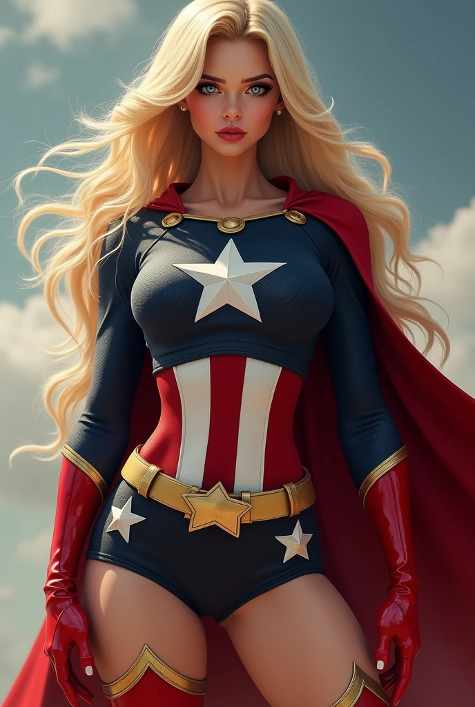 (photorealism:1.2), beautiful blonde woman, patriotic superhero, lanky frame, small breasts, muscular, extremely long blonde hair, All-American, red and white stripe cape, white star on the chest in a ring of gold stars, red and white stripe miniskirt, thigh high red boots, long red gloves, dark blue top with long sleeves, gold utility belt