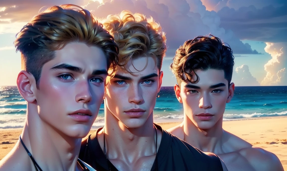 [((highly detailed, detailed eyes, detailed face, clear and realistic facial features, photorealistic, realistic light, cinematic, close up)), ((((3 men, each man looks unique, each man has a different natural hair color and different facial features and skin color)))), (((sexy male college-age jocks standing on the beach looking horny and sexually frustrated))), ((wearing casual clothes)), ((beautiful deserted tropical island with a storm in background))]