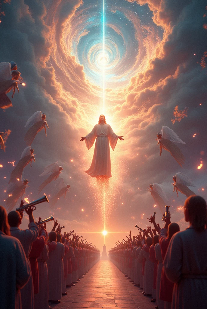 Jesus coming in the clouds with thousands of angels blowing trumpets. church, surreal, digitl art, brain waves, flow of information, cultural transmission, subconscious, abstract pattern, psychedelic, neon colors, glitch art, cyber punk, cinematic lighting, hyper detailled, 8k, photorrealistic, Volumetric, Ray traced, studio lighting, swirly vibrant colors, psychedelic elements, viral content, social media, cultural phenomenon