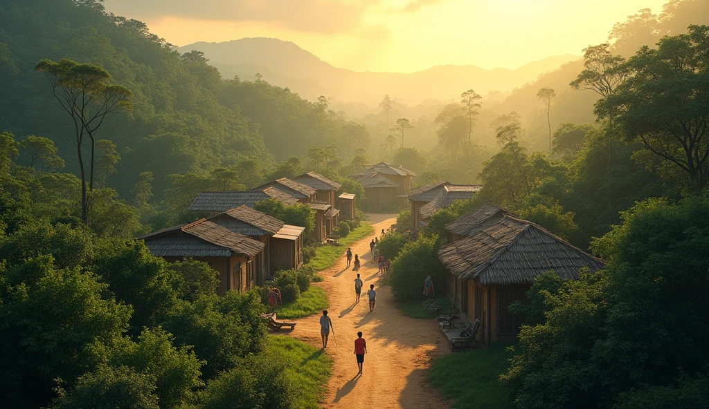 Aerial view, Final image of the Village with Daylight: The same village in a region of Brazil, from the beginning, with green trees around, now illuminated by the soft light of the morning, with people leaving their homes and interacting more calmly. This symbolizes the return of peace and the overcoming of terrible events.