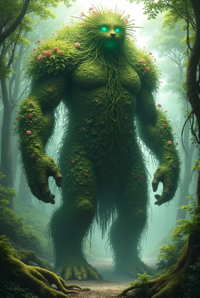 
Height: 30 meters Appearance:

cos: Made from a dense mixture of intertwined vines, leaves and roots. Your skin is a combination of vibrant greens, with tones ranging from emerald to lime green. Parts of your body, like arms and legs, are adorned with flowers that bloom and close as he moves.
head: instead of a human head, Verdantus has a crown of twisted branches and colorful blooms, resembling the crown of a tree. His eyes are glowing orbs of greenish light, radiating a peaceful energy, More intense.
muka: Its face is composed of a rustic tree bark texture., and around the mouth there are small flowers that emit a soft perfume.
hands: Your fingers are thick roots, capable of extending and trapping enemies or anchoring themselves into the ground to gain strength.
Personalidade:

bravo: Verdantus is the protector of the forests and will react with fury against anyone who threatens nature., but his anger is directed and controlled, never chaotic.
lightness: Despite its grandeur and power, Verdantus exudes a sense of tranquility. He is a guardian who prefers to restore and protect, but does not hesitate to fight when necessary.
skills:

Vegetation Control: Verdantus can command the flora around him, making plants grow quickly, entangle enemies, or form barriers.
Regeneration: It is able to regenerate itself using the vital energy of nearby plants..
cloathing: When necessary, Verdantus can blend in with forests, becoming almost indistinguishable from the vegetation around it.
demeanor: He prefers to avoid conflicts, resolving situations peacefully when possible. however, if forests or the beings they protect are threatened, he rises with all his strength, showing his true fury. It has no mouth, and he is in a forest