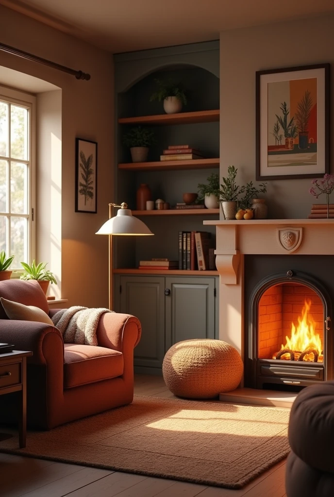 The room should be homey, with a few personal touches like a fireplace or a comfortable armchair.