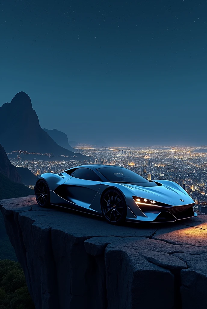 a car at the viewpoint where you can see the big city, on a beautiful, starry night