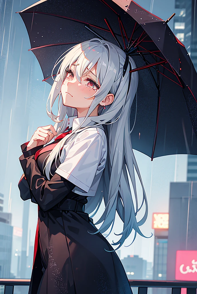 Anime style woman crying on a rainy night