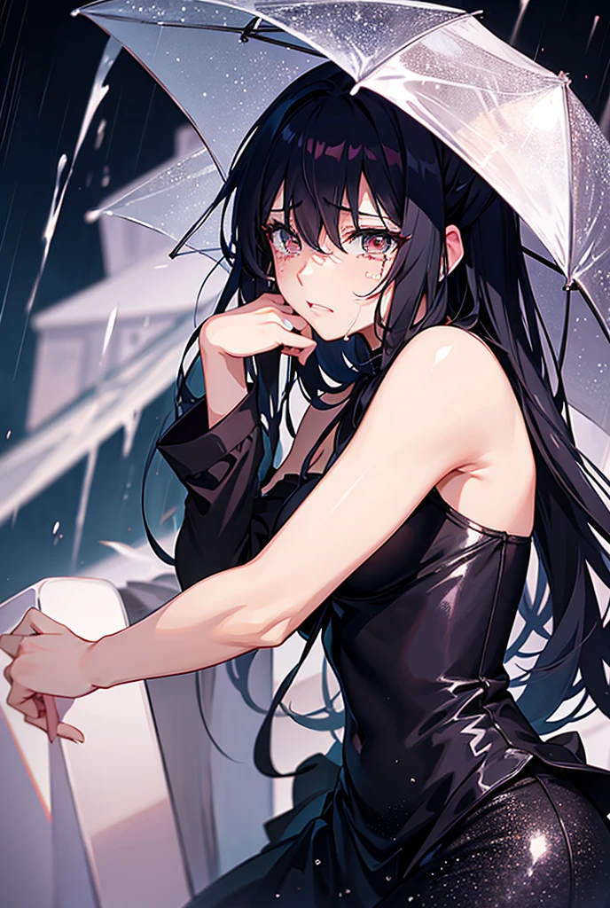 A crying princess and a muscular man are playing in water, wet black dress, thin dress, wet outfits, wet body, water droplets, lustful movement, dynamic, detailed face
