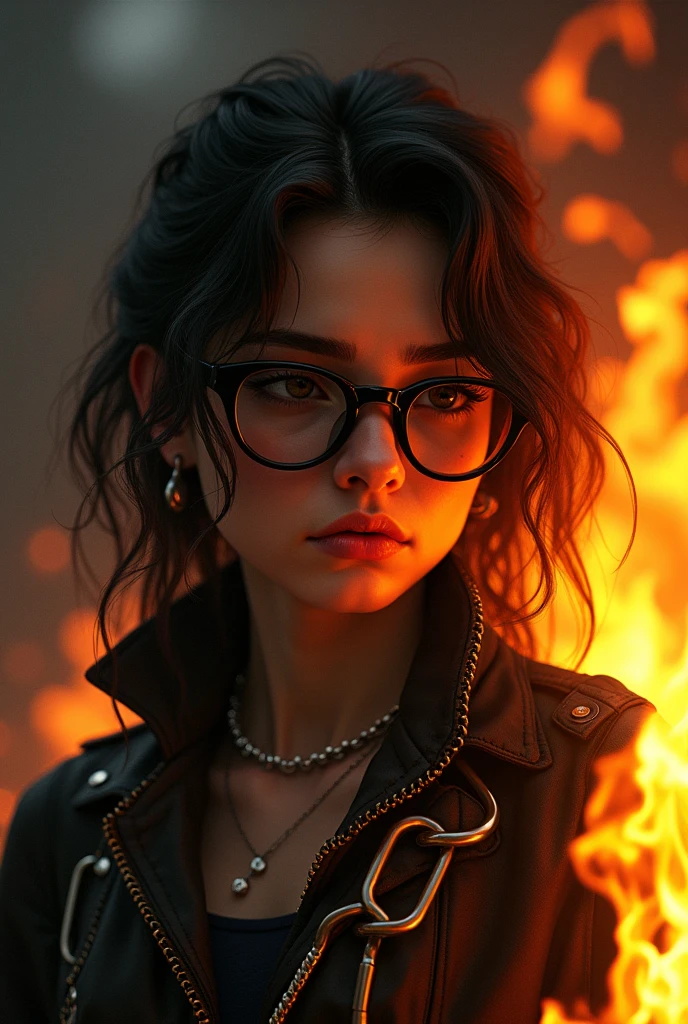 draw a 21yo girl wearing black glasses with an exahusted face, hair on fire, jacket with chains 