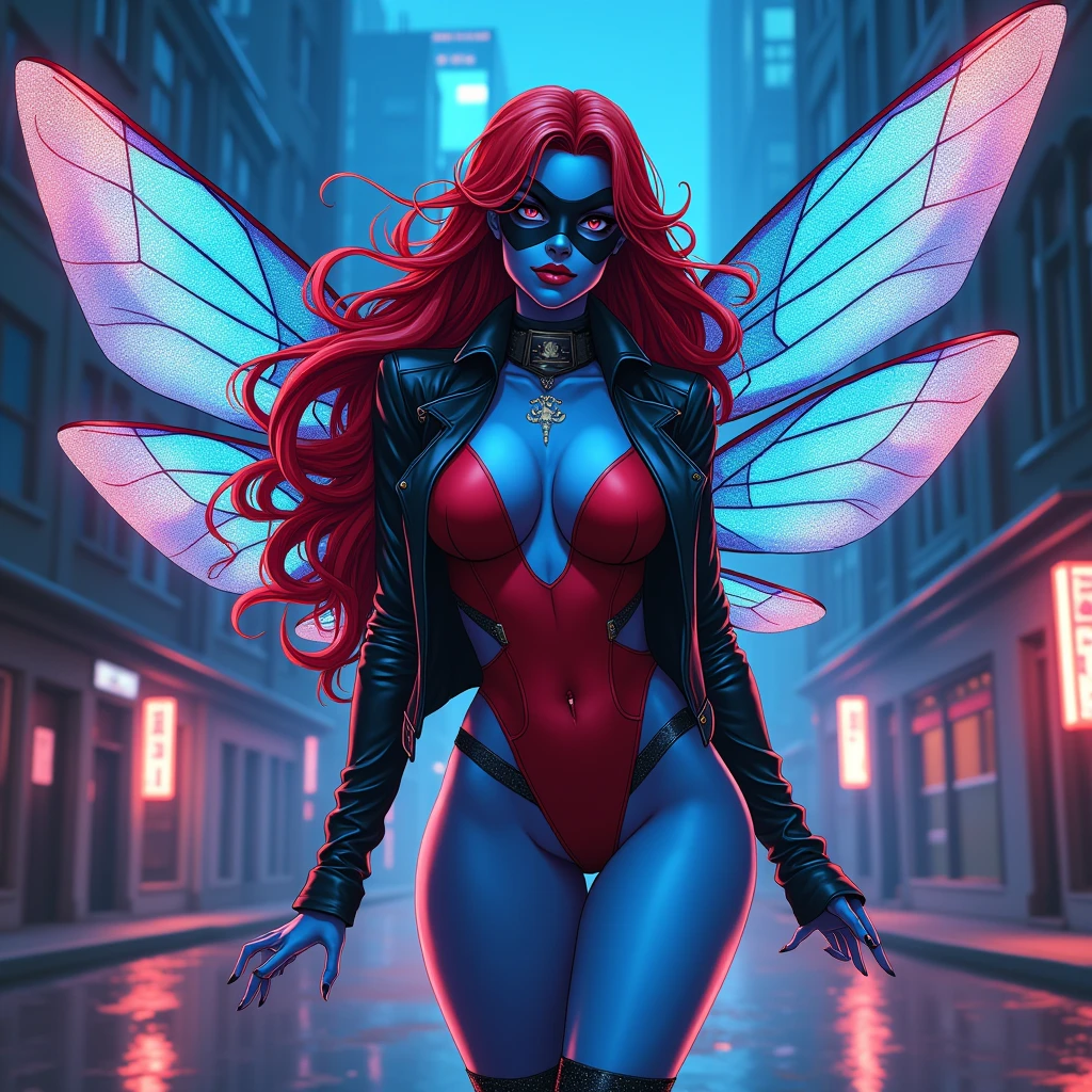 In a dramatic comicbook, using vibrant colors, style illustrate, A super strong female supervillain with shimmering dragonfly wings that allow her to fly and delicate insect antennae that provide her with limited telepathic communication. She has tough, cobalt-blue skin that contrasts with her long, flowing red hair. She has a hyper muscular female body builder physique with a narrow waist and thick thighs, large breasts. Her outfit consists of high-heeled boots, a red leotard that leaves her muscular arms and legs bare, and a black leather biker jacket. She also wears a black domino mask, adding to her mysterious and dangerous look. The scene is set in a futuristic cityscape at night, with neon lights reflecting off her cobalt-blue skin and wings, giving her an otherworldly appearance.