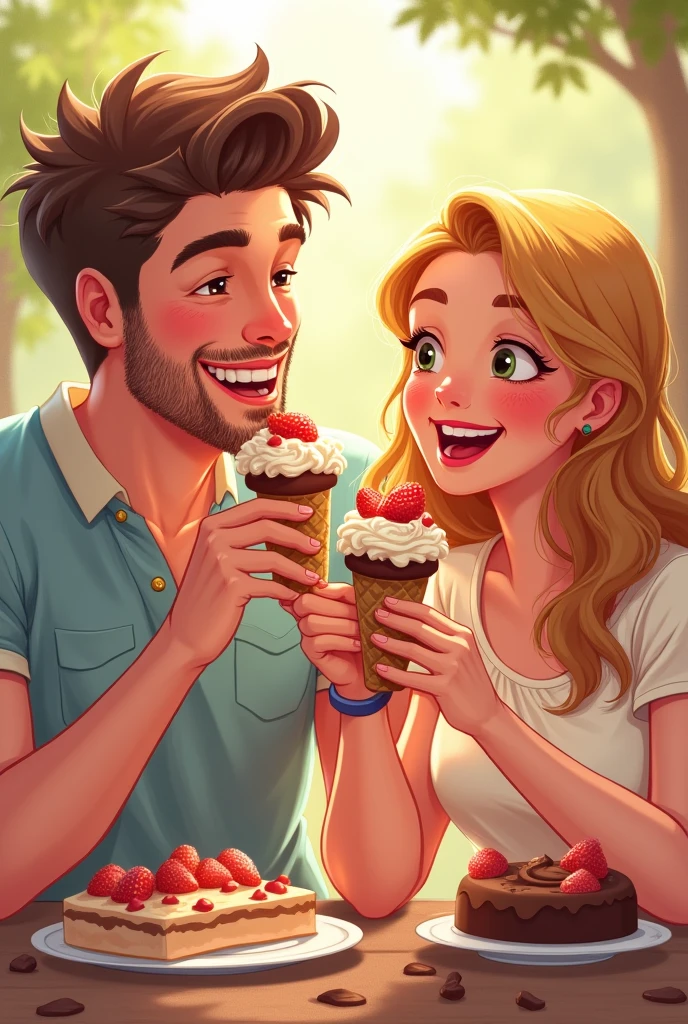 Drawing of Neapolitan ice cream and a happy couple
