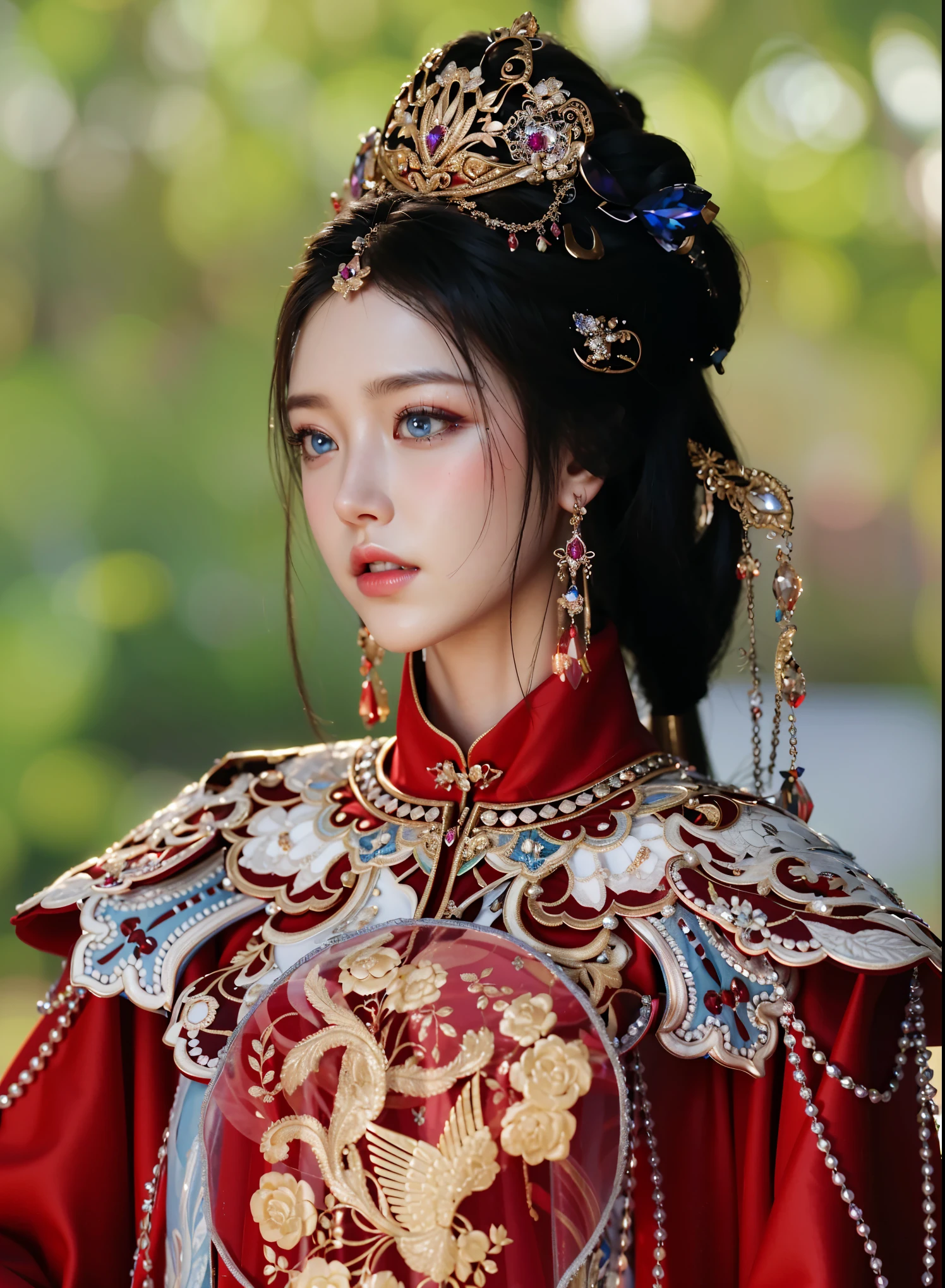 Game Art,Best image quality,Maximum resolution,8K,(A bust photo),(portrait),(Head close-up),(Rule of Thirds),Unreal Engine 5 rendering works,20 year old girl,((Queen)),The eyes are very detailed,(Large Breasts),Elegance and nobility,Light,Light线追踪,Game CG,((3D Unreal Engine)),OC rendering reflection mode,4K,Ultra-clear,Sensual,Translucent lace,Fair and plump figure,Pretty Face,Light泽凝胶涂层,身着华贵礼服的Queen,Crystal Gem Crown,Necklace jewelry,blue eyes,The tattoo is very three-dimensional,Gorgeous and intricate tattoo designs,Ultra-clear portrait,Sexy body,Temple Princess,Swarovski crystal diamond,Heart of the Universe Gem,Delicate facial makeup,The ultimate in luxury,Cleopatra wearing gold jewelry,Chinese Hanfu Wedding Dress,With a fan