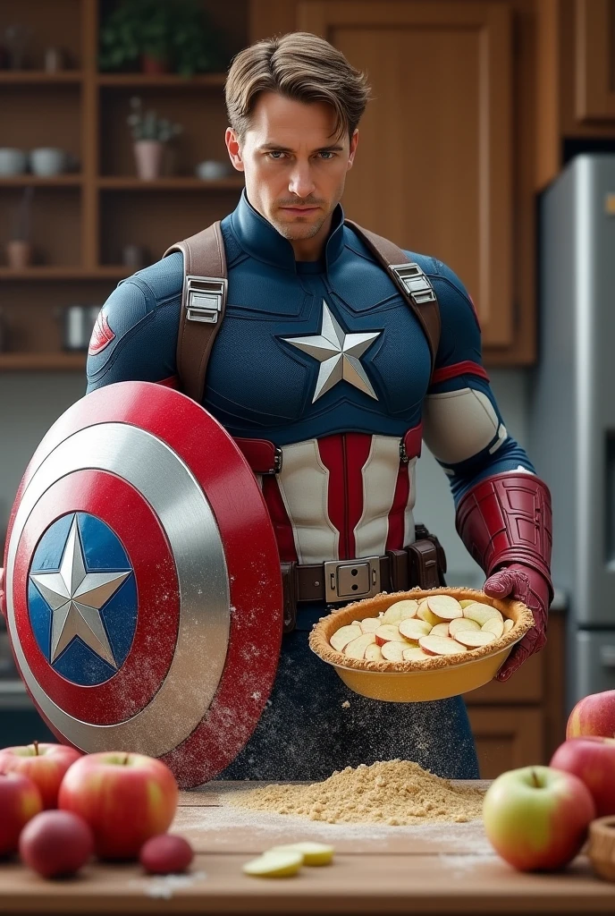 Captain America trying to make an apple pie with his shield as a mixing bowl":Captain America is in a kitchen, using his shield as a makeshift mixing bowl for apple pie ingredients. Sliced apples and flour are flying everywhere. He looks determined but slightly overwhelmed as he tries to maintain his usual precision in a very different kind of battle.