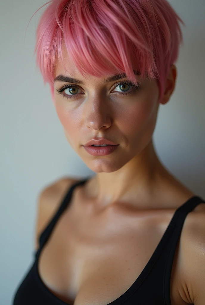 color photograph, close-up, ((a realistic photo of a beautiful short pink hair girl)), (milalc), light, ((glowy skin)), looking_at_viewer, (fit body:1.0), ((medium breasts)), high ponytail, detailed illustration, masterpiece, high quality, realistic, very detailed face,