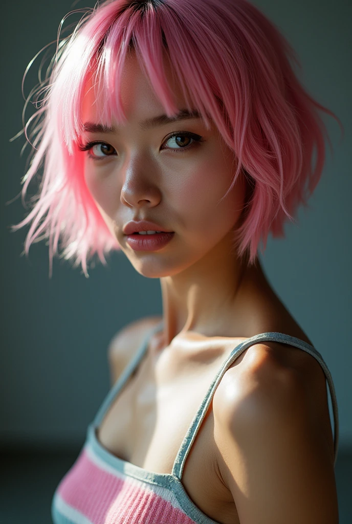 Professional close-up torso portrait photo by TooZenToCare, tight top, short pink hair, From  above, 