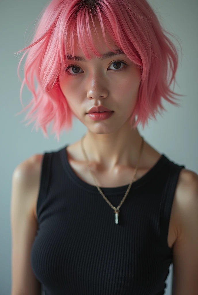 Professional close-up torso portrait photo by TooZenToCare, tight top, short pink hair, From  above, 