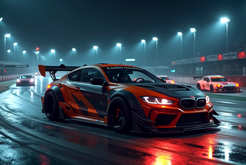 Honda civic modified with body kit in racing track at night 
