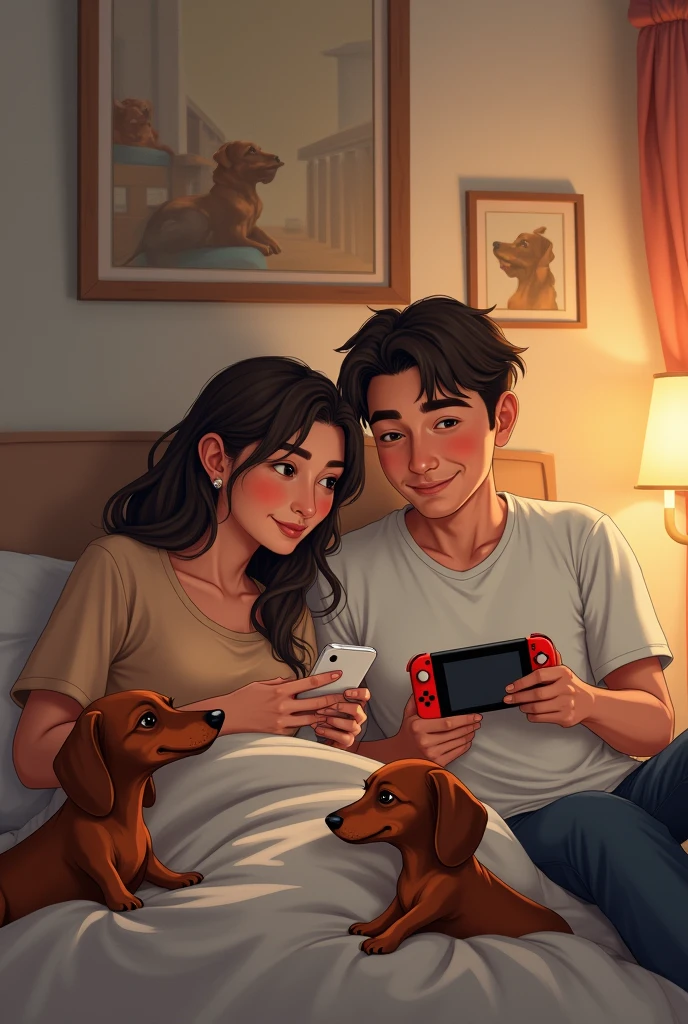 A couple lying on a bed, where the woman is a little chubby and is looking at her phone happily, Her husband is playing on a Nintendo switch and there are 3 dachshunds in bed accompanying them
