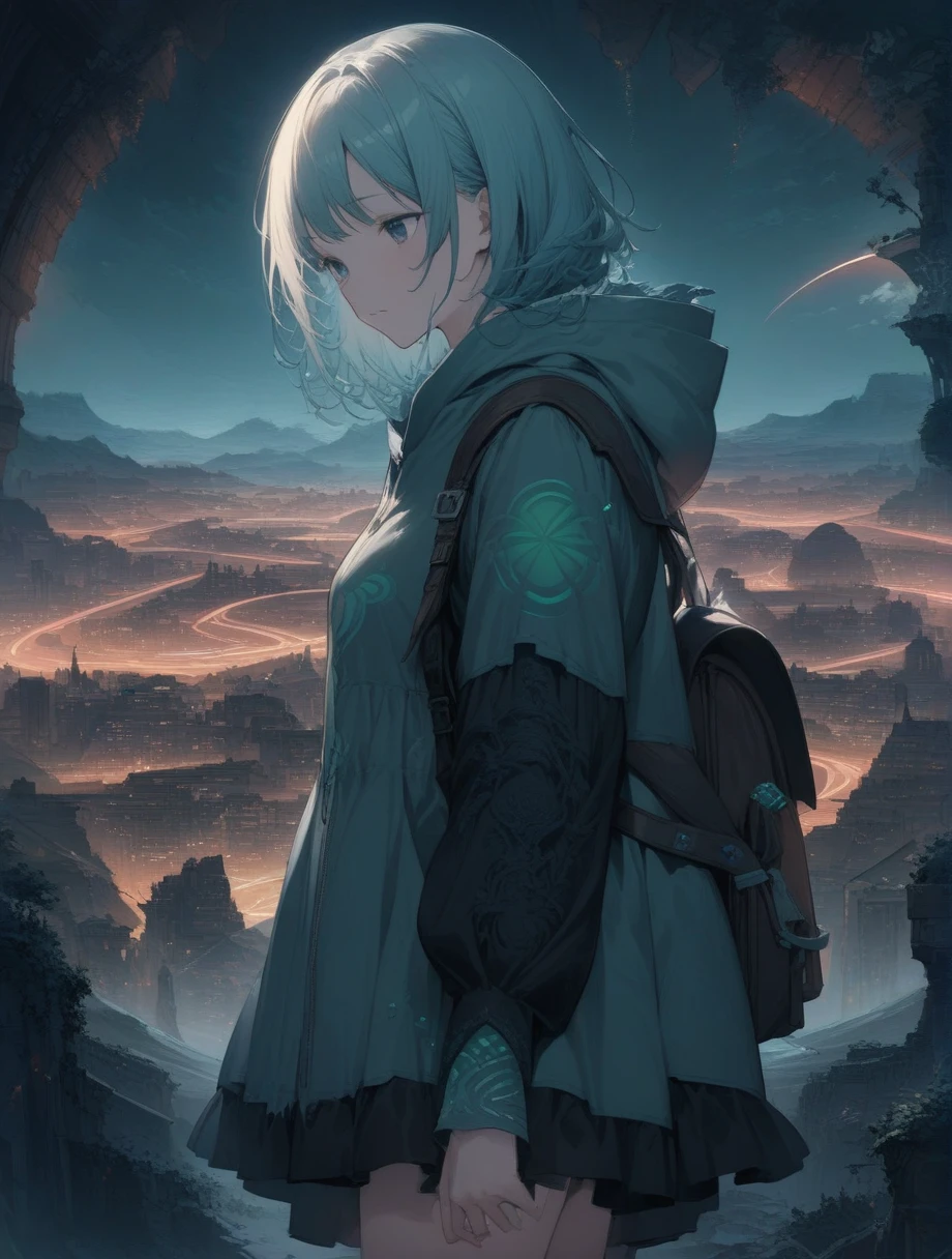 score_9, score_8_up, score_7_up, score_アニメ, masterpiece, best quality, delicate illustration, sharp line, sharp focus, BREAK,Traveler girl wandering in the ruins of endless night, the girl is wearing a hood, a lot of baggage in her backpack., night、City of the Future、Fantastic landscape、Beautiful Landscape、Harmony with Nature、Spectacular views、Machine City