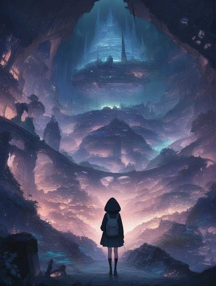 score_9, score_8_up, score_7_up, score_アニメ, masterpiece, best quality, delicate illustration, sharp line, sharp focus, BREAK,Traveler girl wandering in the ruins of endless night, the girl is wearing a hood, a lot of baggage in her backpack., night、City of the Future、Fantastic landscape、Beautiful Landscape、Harmony with Nature、Spectacular views、Machine City