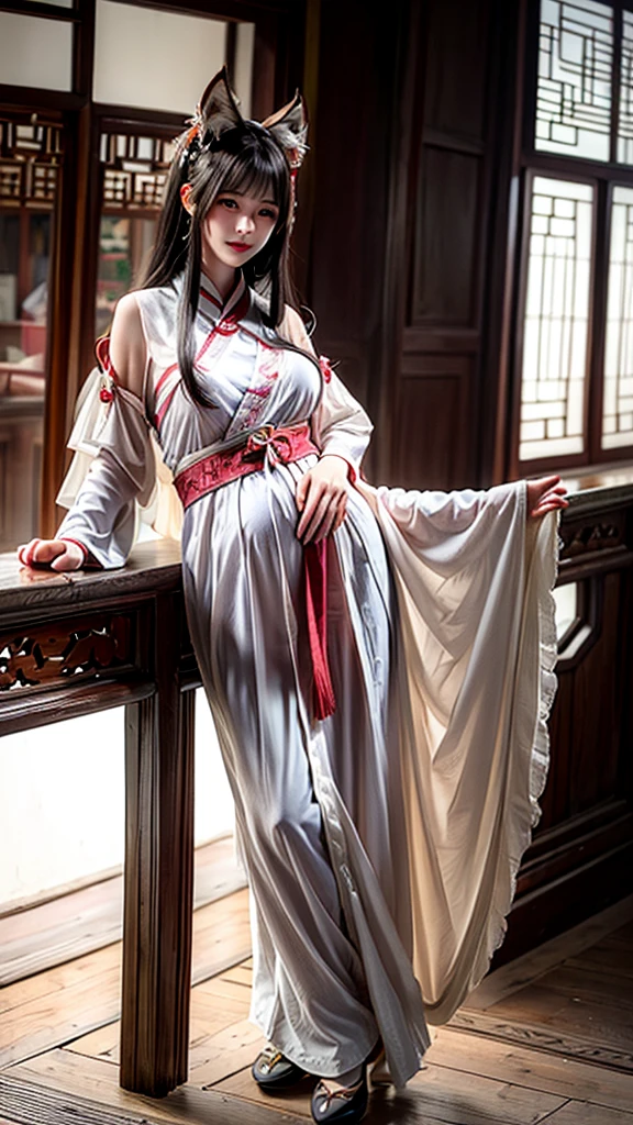 Quaint wooden house,Wooden folding screen,beauty,Youya,Women,Fox ears,White long hair shawl,Big breasts,thin waist,Attractive figure,antique chinese cheongsam,pregnant