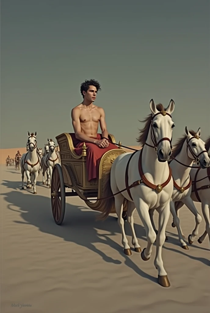 A young skinny prince white skin beautiful face handsome shirtless in a small Roman carriage with 4 horses in the desert