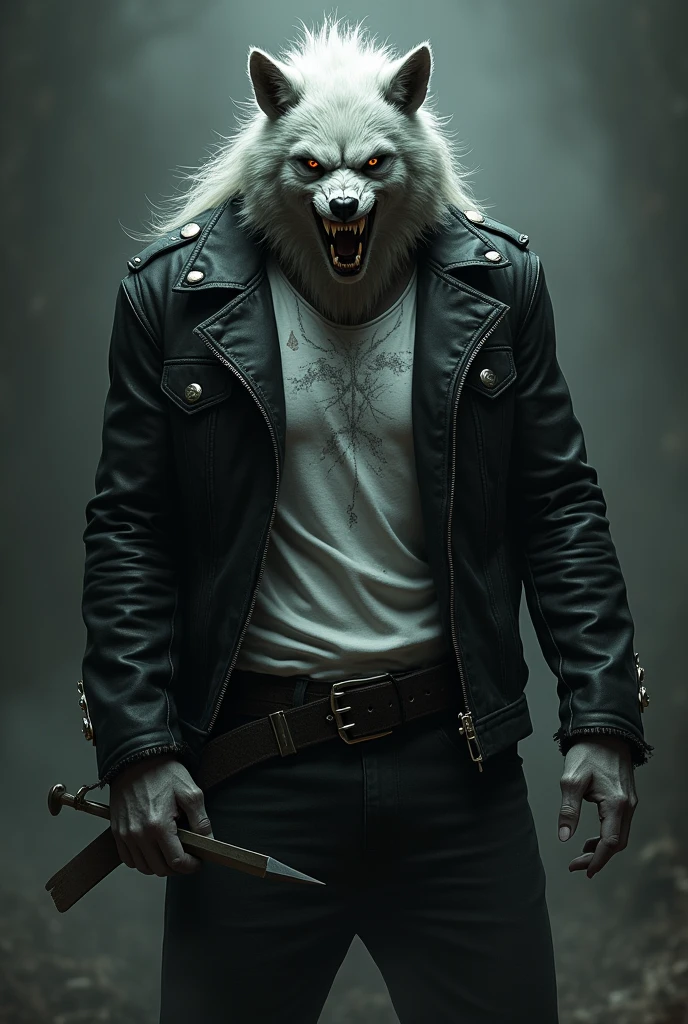 A pale vampire with a human body and a werewolf head hybrid, with a muscular body and wearing a black leather jacket with a ripped white t-shirt underneath and jeans with a belt where he carries a sword