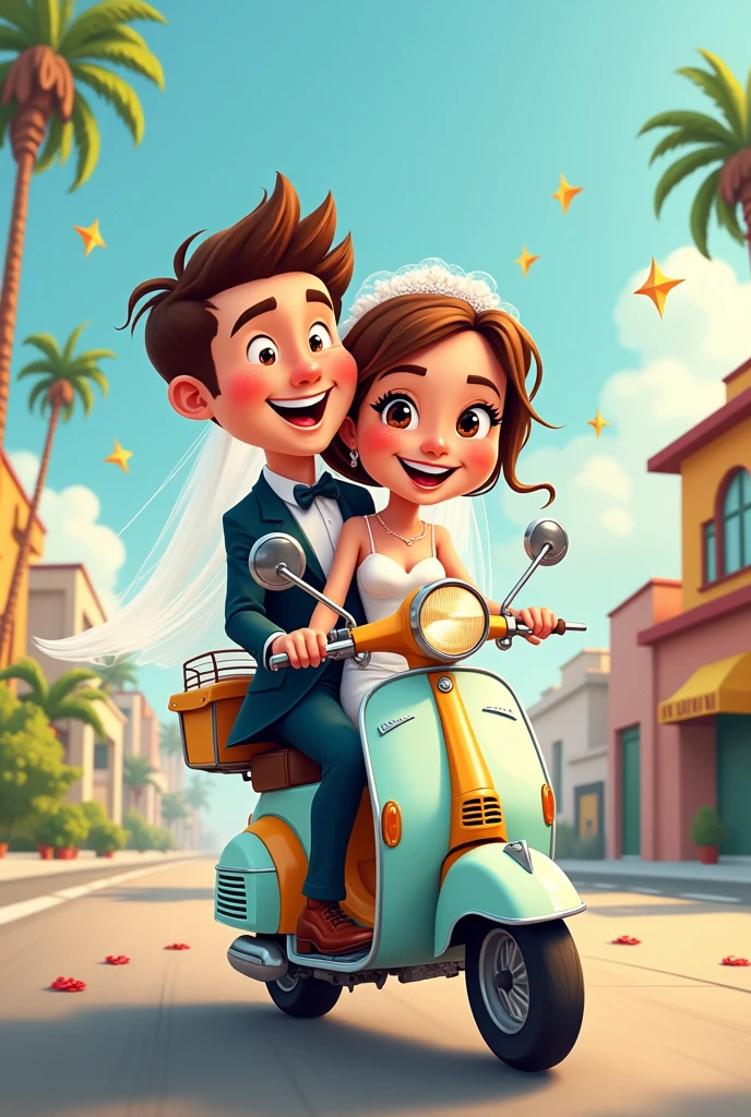 Bride couples ride scooter cartoon