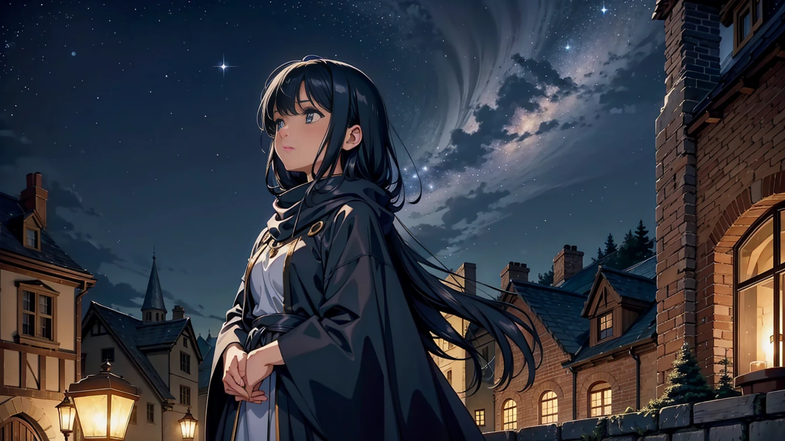 A large medieval town under a starry night sky, perfect for a fantasy setting. The town is bustling with tall stone buildings, cobblestone streets, and glowing lanterns casting a warm light. In the foreground, a young woman stands on a balcony, looking up at the expansive night sky filled with twinkling stars and a glowing crescent moon. She has long, flowing black hair and wears a dark blue cloak that blends with the night. Her expression is one of awe and wonder as she gazes at the stars. The atmosphere is magical and serene, with a sense of quiet night-time mystery and charm.