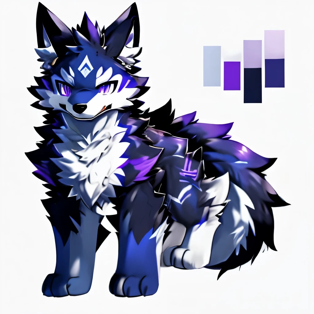A base sheet model of a black and white furry kemono wolf with purple accents, blue snout, purples eyes.