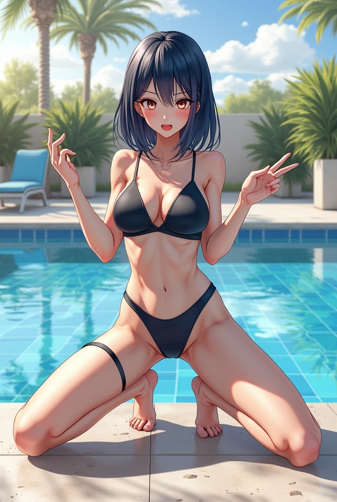 美しい大Leg spread, Highly detailed portrait of a young woman with dark blue hair, Leg spread, Soft and upturned legs, Beautiful lighting, with disgust, 大Leg spread.