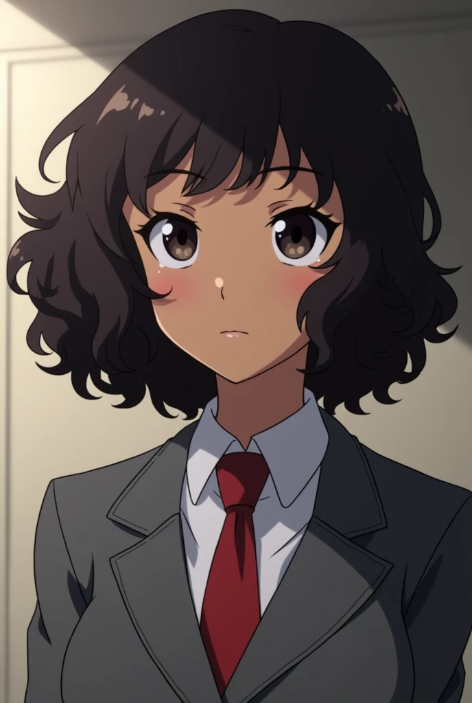 Boku no hero academia screenshot, beautiful woman, dark brown skin tone, dark brown curly hair, slanted eyes, dark eyes, relaxed expression, uniform gray coat red tie