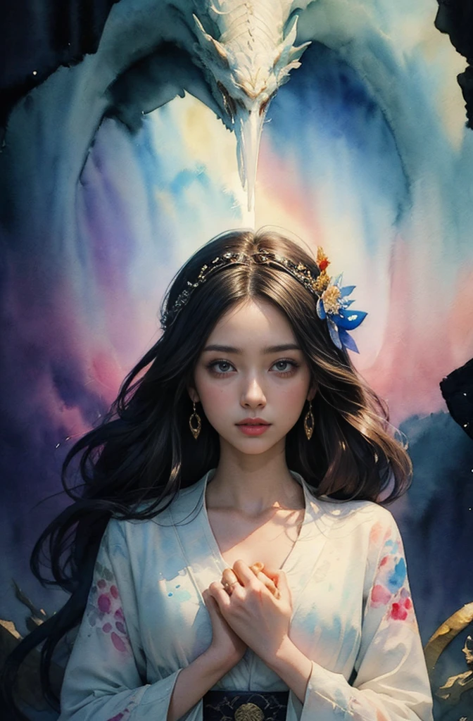 (Tabletop, Highest qualityの, Highest quality, Official Art, (beautifully、aesthetic:1.4), (Watercolor:1.4) ), (Izanami 1.5), 日本のgod話の女god, Majestic beauty, 創造の女god、生命の女god、Typically、((((Typically))))、Reincarnation Support, god&#39;Grace, Gentle and meditative expressions, Flowing, celestial garments, Shine、Created all the landscapes and worlds on Earth, A dazzling dance of light, Whispers of Ancient Legends
