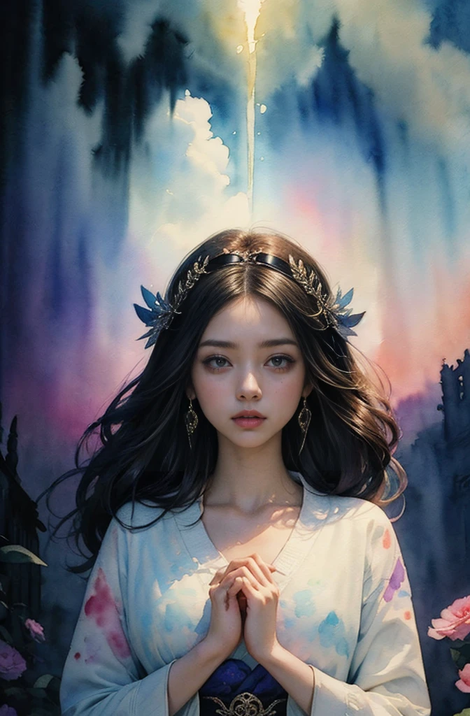(Tabletop, Highest qualityの, Highest quality, Official Art, (beautifully、aesthetic:1.4), (Watercolor:1.4) ), (Izanami 1.5), 日本のgod話の女god, Majestic beauty, 創造の女god、生命の女god、Typically、((((Typically))))、Reincarnation Support, god'Grace, Gentle and meditative expressions, Flowing, celestial garments, Shine、Created all the landscapes and worlds on Earth, A dazzling dance of light, Whispers of Ancient Legends