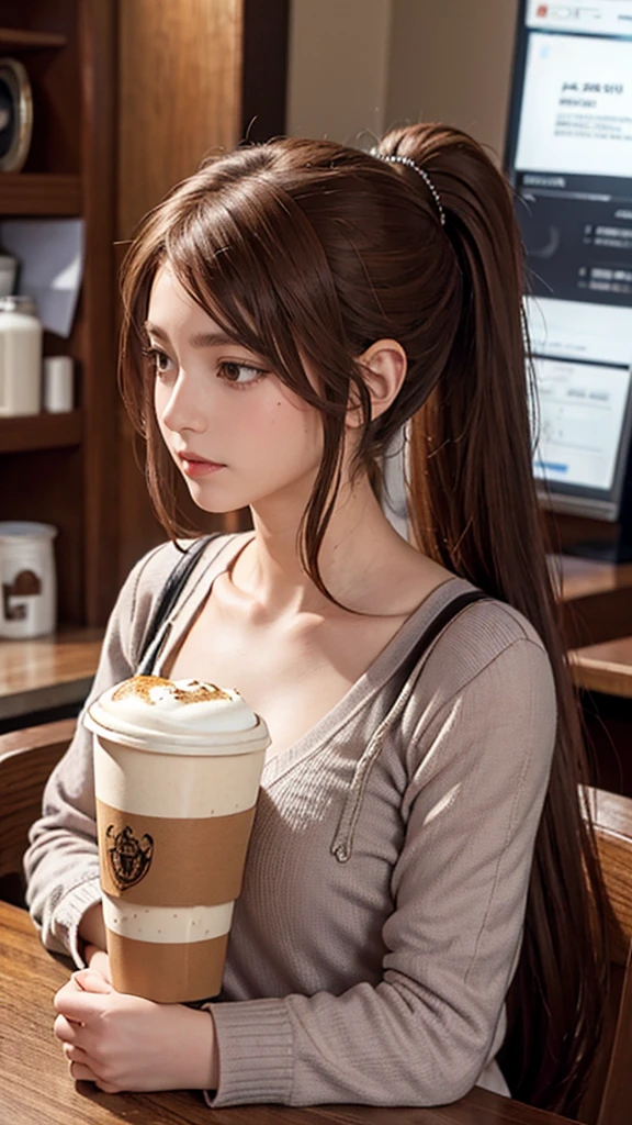 1 female, high resolution, Long hair, Ponytail, High Detail, best quality, masterpiece, Fashionable clothing，In the café，Drink coffee