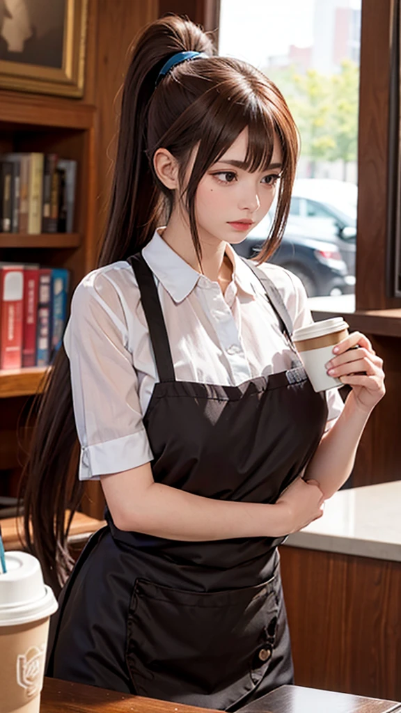 1 female, high resolution, Long hair, Ponytail, High Detail, best quality, masterpiece, Fashionable clothing，In the café，Drink coffee