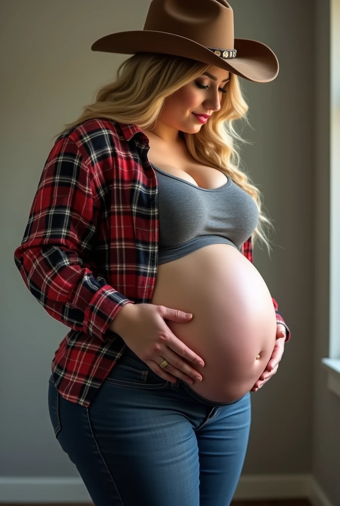 A pretty blonde pregnant girl who wears a red shirt with tight light blue ripped jeans with big thighs and is 6’3 sitting in a couch inside of her house signals that she wants a belly rub